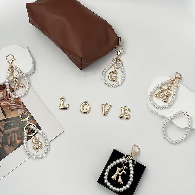 Gold Bubble Heart, Cherry, Bow & More Designs Letter Initial Keychain Bag Charms – Cute Purse Charms for Handbags