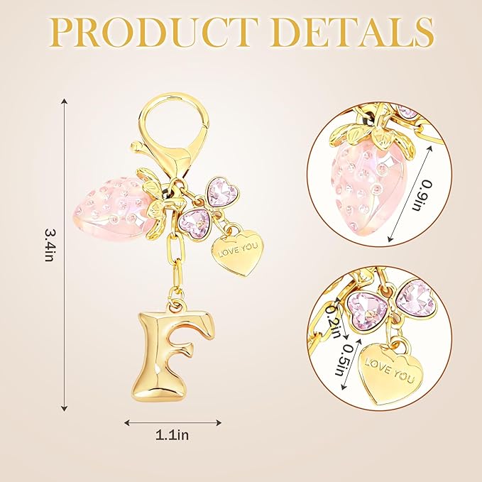 Snycler Bubble Initial Keychain with Strawberry & Bow- Gold Letter Bag Charms for Women, Cute Purse Handbag Accessories