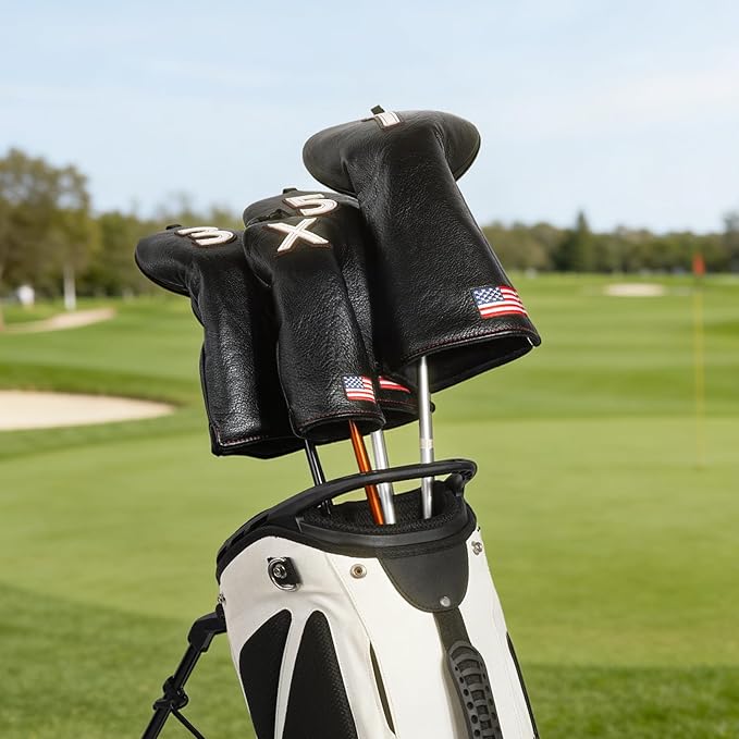 Golf Head Covers, American Flag Patriotism Golf Club Cover for Woods and Driver, Fairway, Hybrid - Premium Leather Golf Club Head Covers with Interchangeable Tags