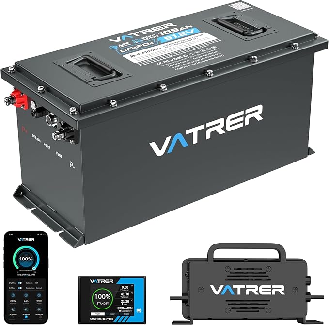 48V 105Ah Narrow Lithium Golf Cart Battery, Built-in Smart 200A BMS, with Touch Monitor & APP, 4000+ Cycles LiFePO4 Battery, Max 10.24kW Power Output, 2C Discharge, Perfect for Golf Carts