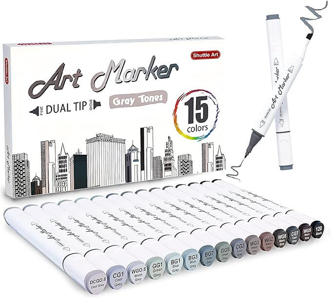 Shuttle Art 15 Colors Grey Tones Dual Tip Art Marker, Alcohol Based Marker Pens Double Ended with Fine and Chisel Point Tips Perfect for Drawing,Shading,Sketching,Designing,Outlining,Illustrating