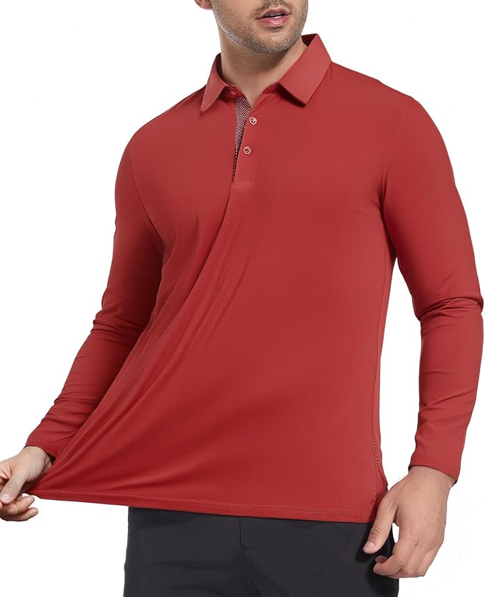 Alex Vando Mens Golf Shirt Moisture Wicking Quick-Dry Solid Long Sleeve Polo Shirts for Men