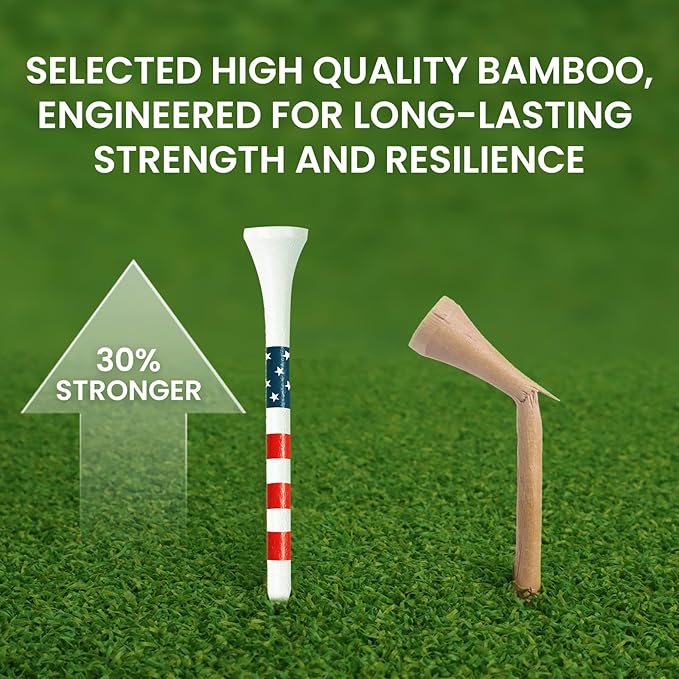 Premium Bamboo Wood Golf Tees Unique Box Design 18-Pack Per Box Value 18/72/180 Pack, Wooden Tees in 2 3/4" 3 1/4" Durable for Golfers, USA Flag Design Pro Tee Choice