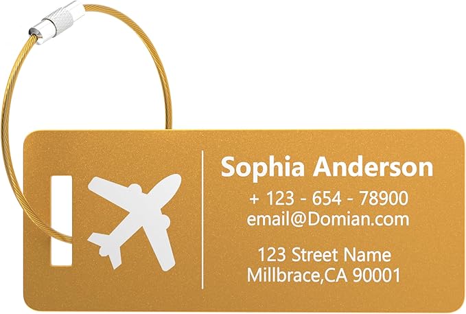 10 Personalized Metal Luggage Tags, Custom Suitcase Aluminum Name Tags with Steel Ring, Laser Engraved Name and Logo, for Travel, Backpack, Baggage, Golf Bag (Golden)