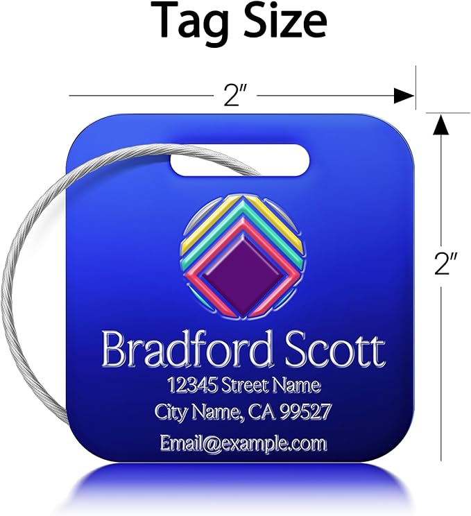 Personalized Luggage Tags - Custom Metal Luggage Tags for Suitcases, Backpacks and Bags with Your Personalized Club Logo Text (Square-Blue)