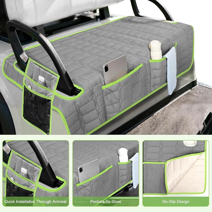 Golf Cart Seat Cover, Universal Bench Seat Cover with Storage Pockets, Non-Slip Seat Protector for Golf Cart, Fits EZGO Club Car Yamaha, Easy Install