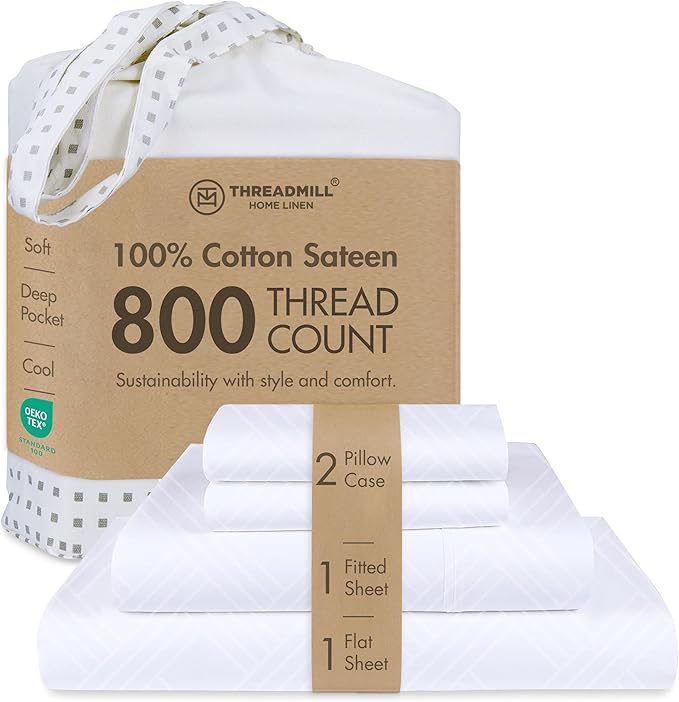Threadmill Luxury 100% Cotton Full Bed-Sheets - 800 Thread Count Jacquard Celine Hotel White, Better Than Egyptian Cotton,4 Pc Striped Bed Set, Damask Sheets with 16" Deep Pocket