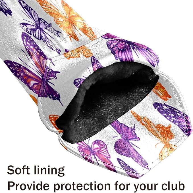 Funny Butterfly Colorful Golf Head Covers for Driver, Fairway, Hybrid & 3 Wood Premium PU Leather with Soft Velvet Lining Waterproof & Scratch-Resistant Unique Golf Gift for Men & Women