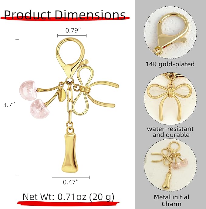 Gold Bubble Heart, Cherry, Bow & More Designs Letter Initial Keychain Bag Charms – Cute Purse Charms for Handbags