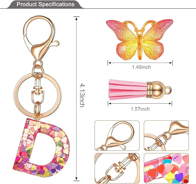 JINGUAZI Initial letter Keychains for Women Tassel Butterfly Pink Purple Cute Car Keychain for Wallet Backpack bag charm