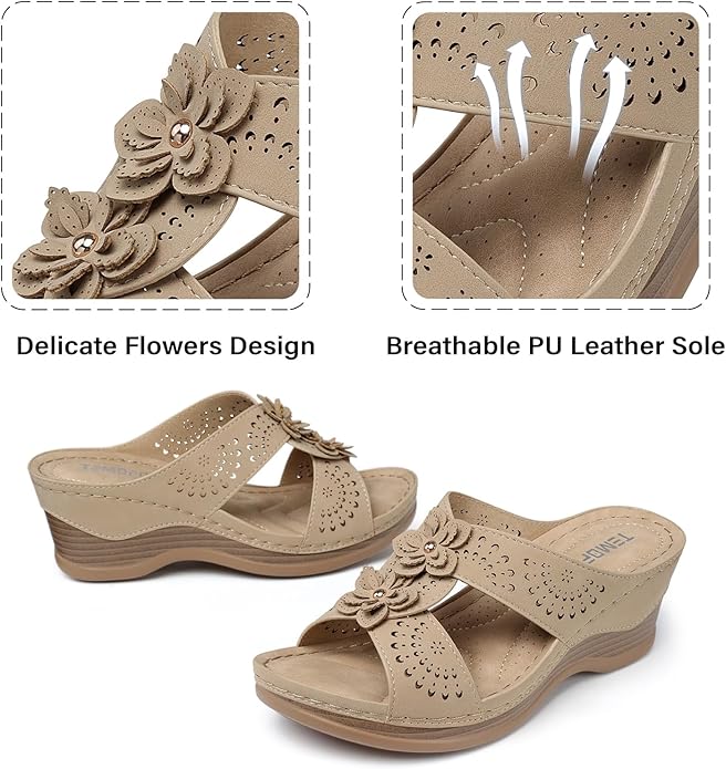 TEMOFON Womens Wedge Sandals Leather: Dressy Sandal, Rubber Sole, Comfortable Walking, Casual Slip on Summer Shoes, Size 5-11
