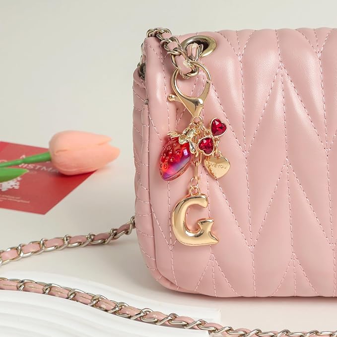 Snycler Bubble Initial Keychain with Strawberry & Bow- Gold Letter Bag Charms for Women, Cute Purse Handbag Accessories