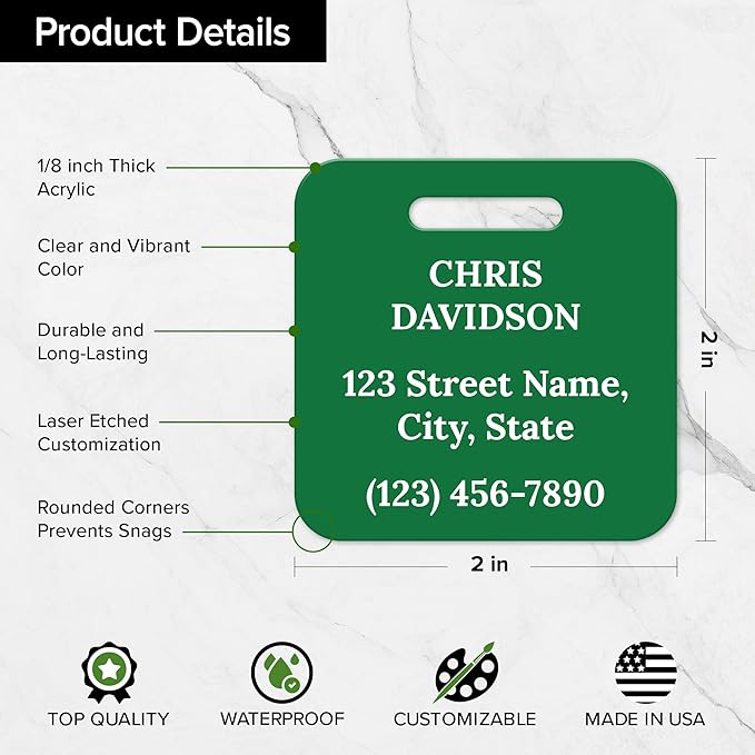 Custom Luggage Tags, Personalized Name Address for Suitcases,Backpack, Handbag, Travel Equipment Tag, 2x2 Inches, Acrylic Heavy Duty Waterproof, Made in The USA by My Sign Center- Green