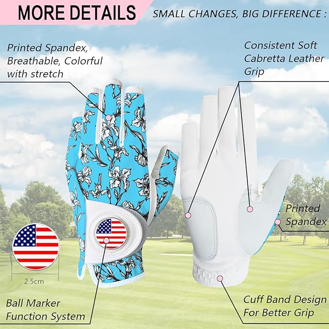 Golf Gloves Women with Ball Marker 2 Pack, Right Handed Golfer Left Hand, Ladies Breathable Soft All Weather Grip Glove Fit Size Small Medium Large XL