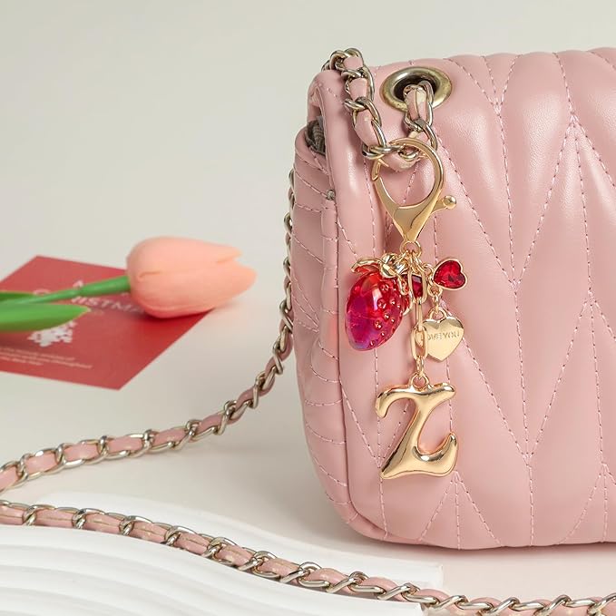 Snycler Bubble Initial Keychain with Strawberry & Bow- Gold Letter Bag Charms for Women, Cute Purse Handbag Accessories