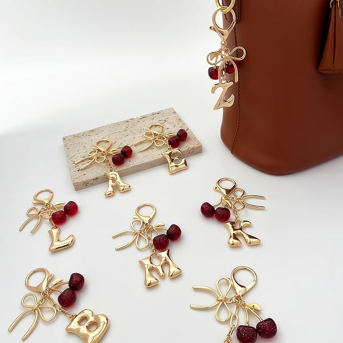 Gold Bubble Heart, Cherry, Bow & More Designs Letter Initial Keychain Bag Charms – Cute Purse Charms for Handbags