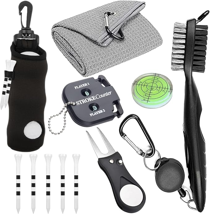 11 Pcs Golf Accessories Kit, Include Golf Ball Bag with Hook Tees Towel Cleaner Brush Ball Marker Divot Tool Score Counter