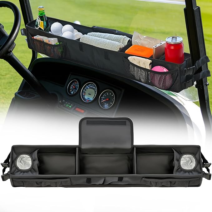 Golf Cart Front Storage Basket, No-Drilling Organizer Tray With Cooling Compartment & Insulated Cup Holders, Universal Storage Tray Fit for EZGO Club Car Yamaha Golf Carts (Black, 1680D Oxford Fabric)