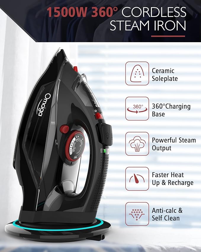 Cordless Iron for Clothes, 1500W Steam Iron with Non-Stick Ceramic Soleplate, Auto Shut Off, Self-Clean, Burst of Steam, Anti-calc, 3 Temperature Settings, 11.84oz Water Tank, Black