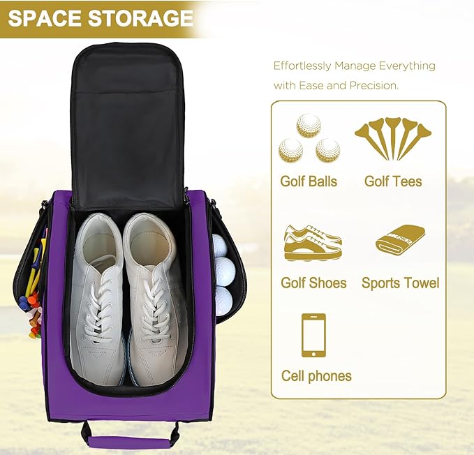 Goloni Golf Shoe Bag for Men & Women, Padded Travel Shoe Bag with Side Accessory Pockets,Sport Shoe Carrier for Golf Shoes,Socks,Tees & Balls,Durable & Lightweight Design,Purple