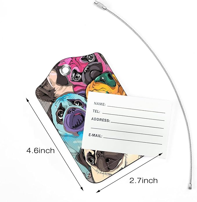 2 Pack Luggage Tags for Suitcase,Pug Dog PU Leather Luggage Tags with Privacy Cover Name Address Labels and Steel Ring,Creative Travel Accessories for Men and Women
