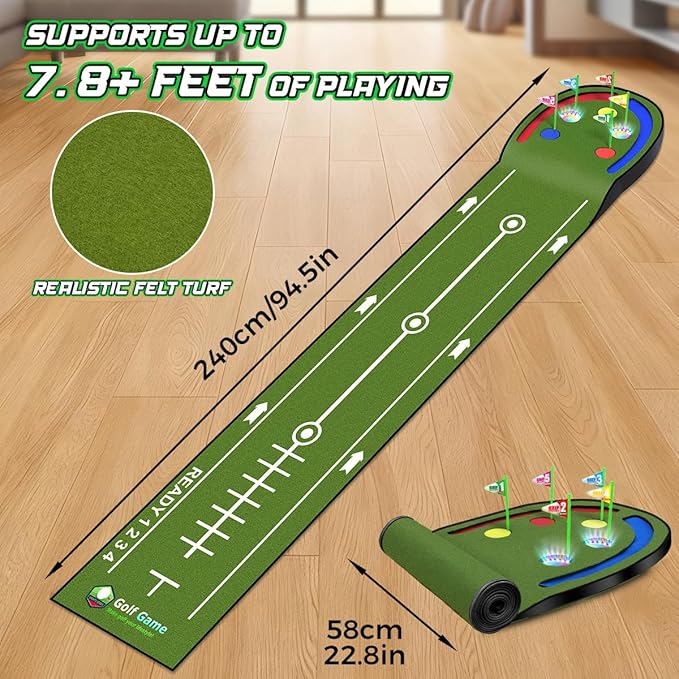 Upgraded Golf Putting Mat for Kids, Putting Green with LED Light up Holes, Glowing Balls, 2 Clubs, Toy Golf Set, Golfing Mats Indoor Outdoor, Sport Game Golf Gift for for Kids Teens Family