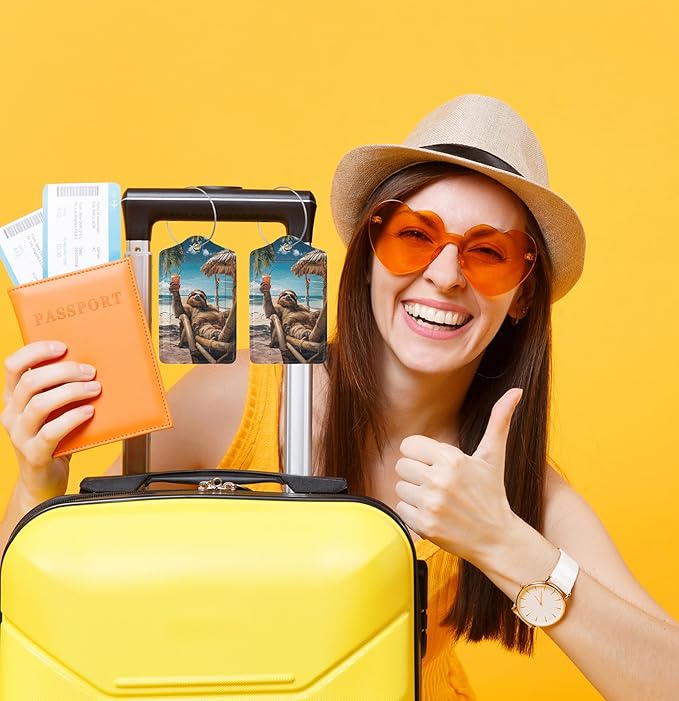 TSA Approved Luggage Tags for Suitcases Sloth Relaxing Beach 2 Pack Funny Leather Carnival Cruise Airport Cute Travel Name Tags Golf Bag tag Ships Essentials Privacy Cover ID Label for Women Men