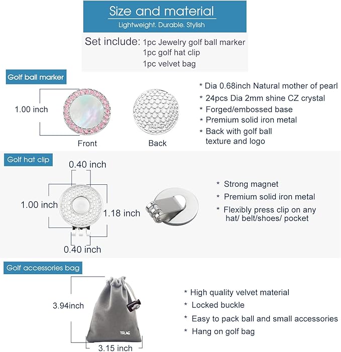 Golf Ball Marker Hat Clip with Pearl Crystal Ball Marker, Golf Accessories, Golf Gifts, Golf Ball Markers for Women