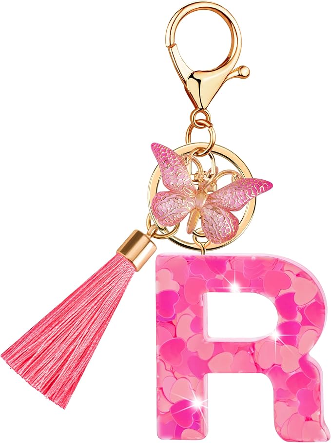 Suweibuke Colourful Cute Initial Letter Keychains for Women Girls with Tassel Butterfly, Charm for Purse Handbags Backpacks