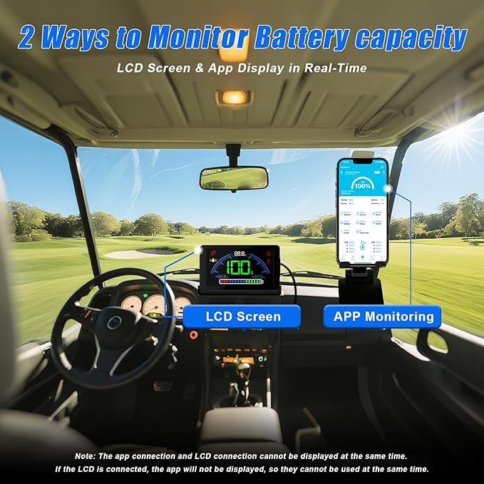 36V 105Ah LiFePO4 battery, built-in Bluetooth 200A BMS and LCD display, IP65 waterproof and dustproof, with 43.8V 25A lithium battery charger, peak current 1000A, perfect for golf carts