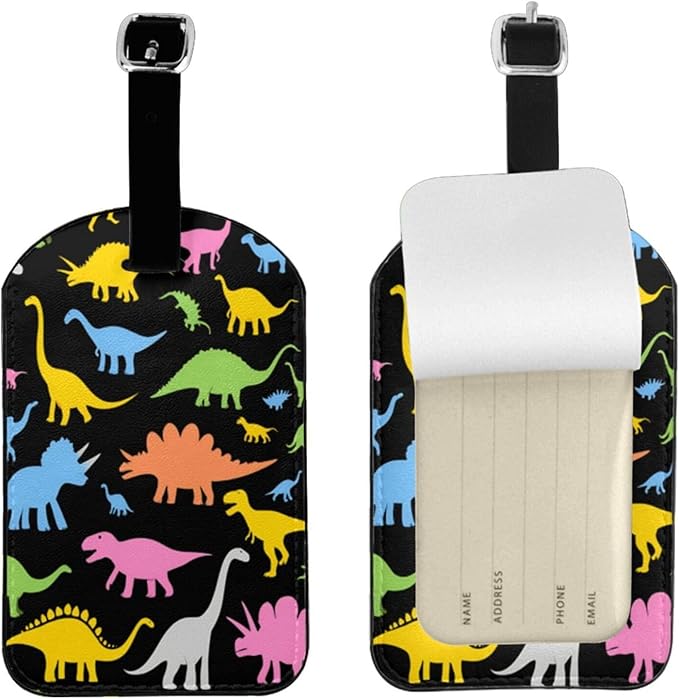 Cute Dinosaurs Luggage Tag for Suitcases,Colorful Dino PU Leather Baggage Tags Bag Tags Travel Id Label for Luggage Women Men -1 Piece