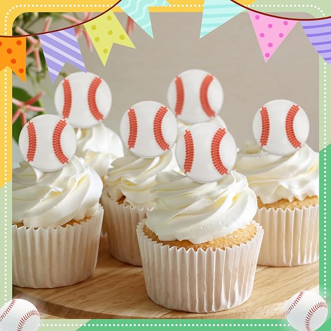 Honeydak 48 Pcs Baseball Cupcake Rings Toppers Decoration Sport Ball Theme Cupcake Picks Baseball Party Decoration Sport Cupcake Toppers Rings for Birthday Party Supplies