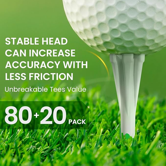FINGER TEN Unbreakable Golf Tees Plastic 80 3 1/4" or 2 3/4" Driver Tees with 20 1 1/2" Iron Tees Assorted Pack, Low Resistance & Consistent Height Long Short Tees with Bright Colors