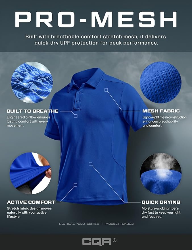 CQR Men's Polo Shirts, Tactical Short Sleeve Golf Performance Shirts, Lightweight Dry Fit UPF 50+ Pique
