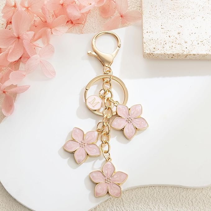 XGALBLA White/Pink/Black Big Cute Flower Initial Letter Keychain for Women, Flower Bag Charms Enameled Keychain Handbag Purse