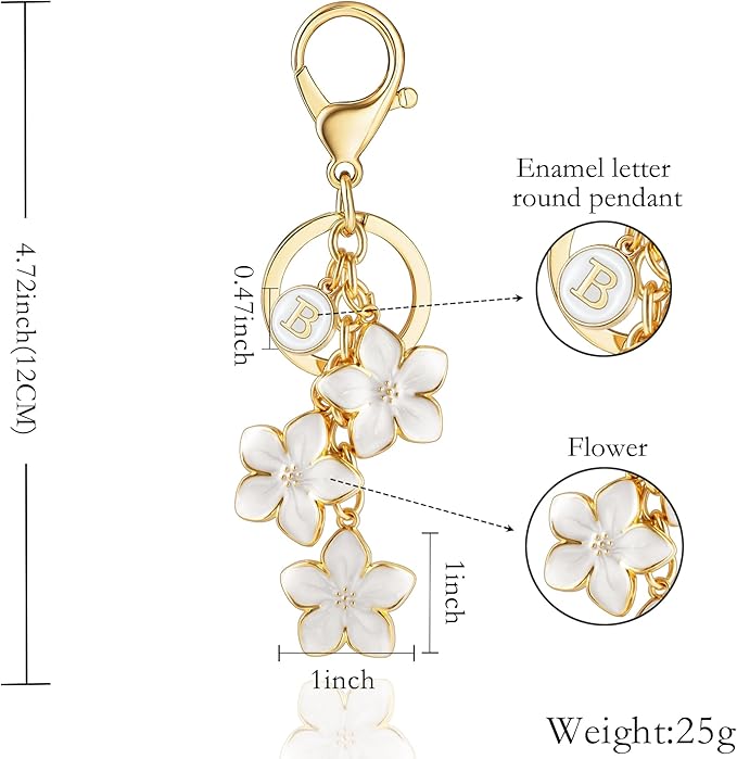 XGALBLA White/Pink/Black Big Cute Flower Initial Letter Keychain for Women, Flower Bag Charms Enameled Keychain Handbag Purse