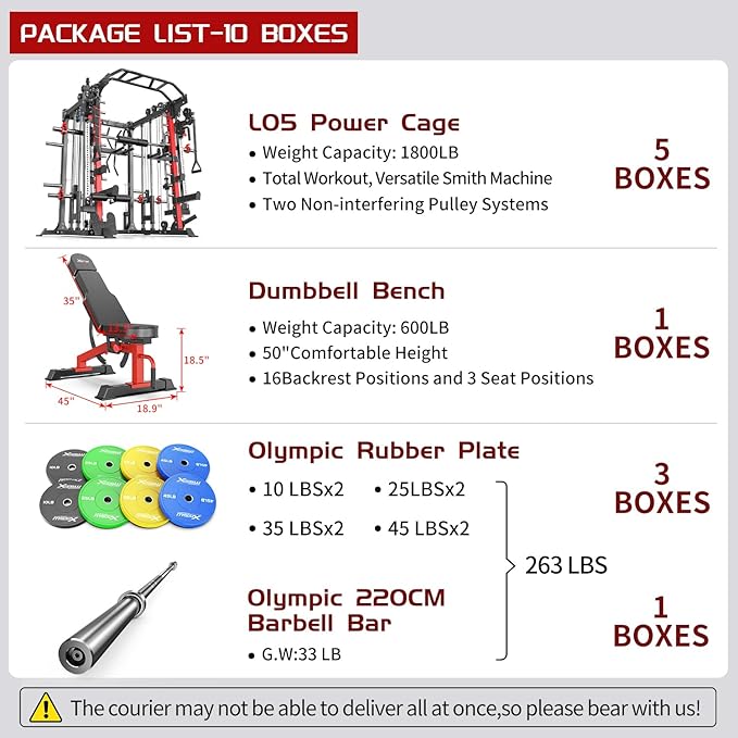 Smith Machine，Multi-Function Squat Rack Power Cage with Cable Crossover System,with Optional Weight Bench, Olympic Barbell Weight Set, for Home Gym