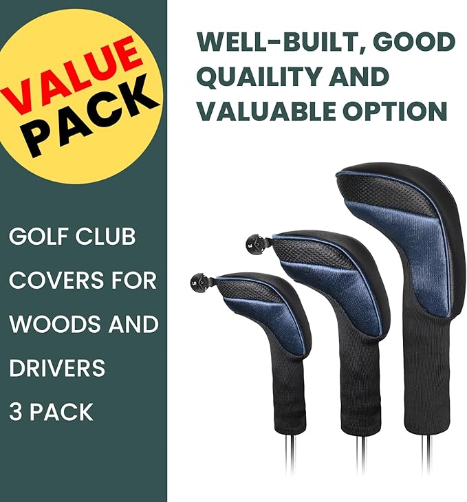 FINGER TEN Golf Club Head Covers for Woods Driver Fairway Hybrid Value 3/5 Pack, Long Headcover Interchangeable Accessories for Ultimate Club Protection