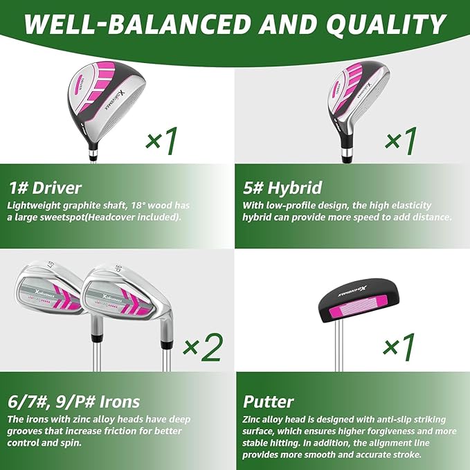 5/6 Pieces Kids Golf Club Set, Junior Golf Club Set Ages 4-12 Includes Stand Bag, 1# Drive, 5# Hybrid, 6/7#, 9/P# Irons and Putter Right Hand for Boys Girls