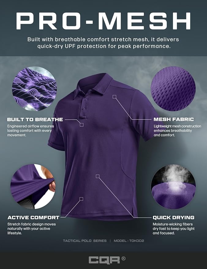 CQR Men's Polo Shirts, Tactical Short Sleeve Golf Performance Shirts, Lightweight Dry Fit UPF 50+ Pique