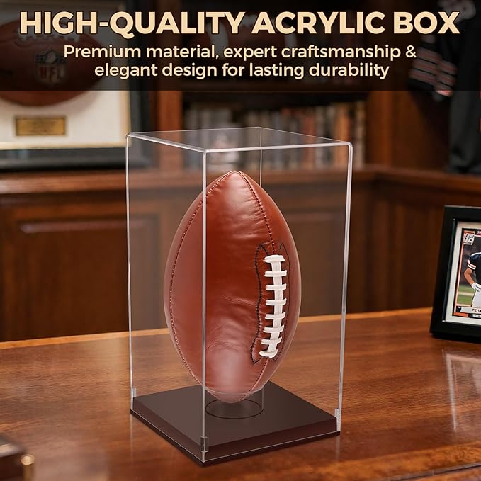 Football Display Case with Wooden Base, UV Protection Clear Acrylic Souvenir Display Box for Autographed Football, Memorabilia, Sports Colle