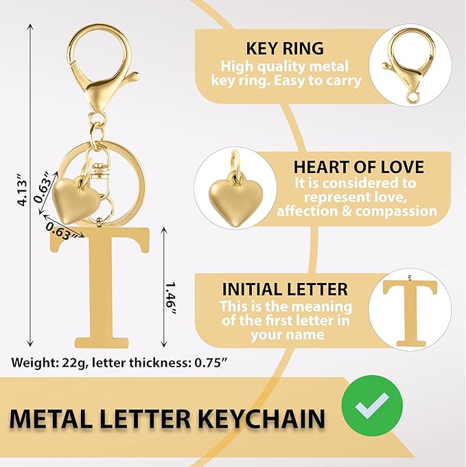 Metal Heart Alphabet Keychain for Women, Girls - Cute Initial Letter Accessories for Purse, Bag Charms and Backpack