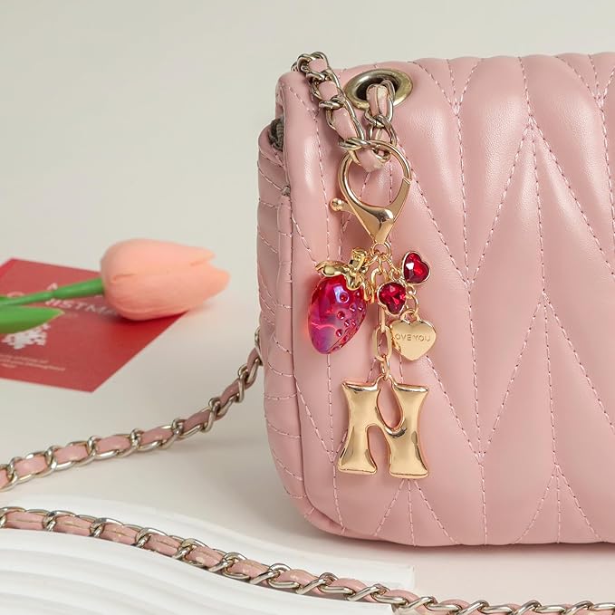 Snycler Bubble Initial Keychain with Strawberry & Bow- Gold Letter Bag Charms for Women, Cute Purse Handbag Accessories
