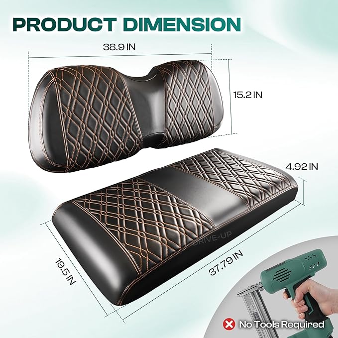 Drive-up Golf Cart Front Seat Covers Fit for Club Car Precedent, Waterproof Leather Club Car Seat Covers with Diamond Cross Pattern, Black PVC with Brown Stitching
