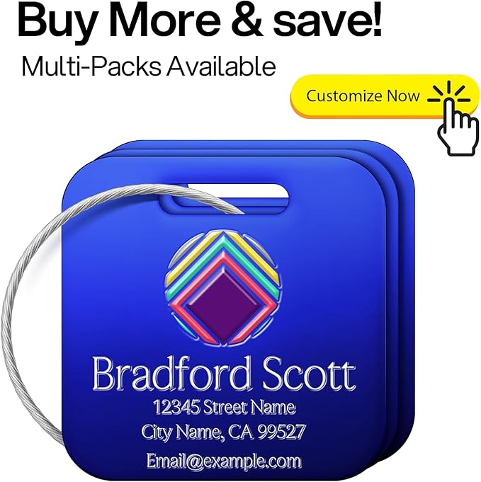 Personalized Luggage Tags - Custom Metal Luggage Tags for Suitcases, Backpacks and Bags with Your Personalized Club Logo Text (Square-Blue)