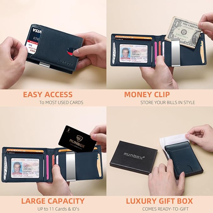 RUNBOX Money Clip Wallets for Men,Slim Leather Mens Bifold Wallet,RFID Blocking Front Pocket Wallet,Thin Credit Card Holder with Gift Box
