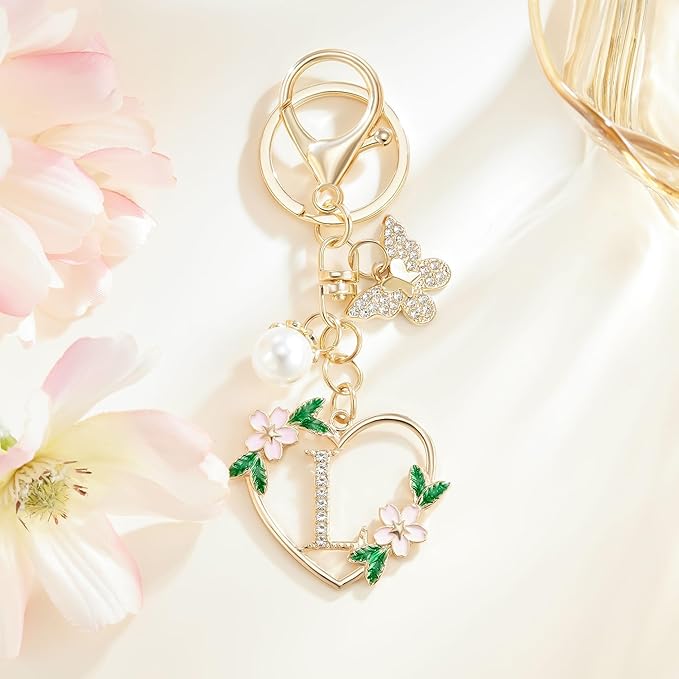 Gold Heart Initial Letter Keychain for Women Key chain Keyring for Purse Handbags Backpack Charm