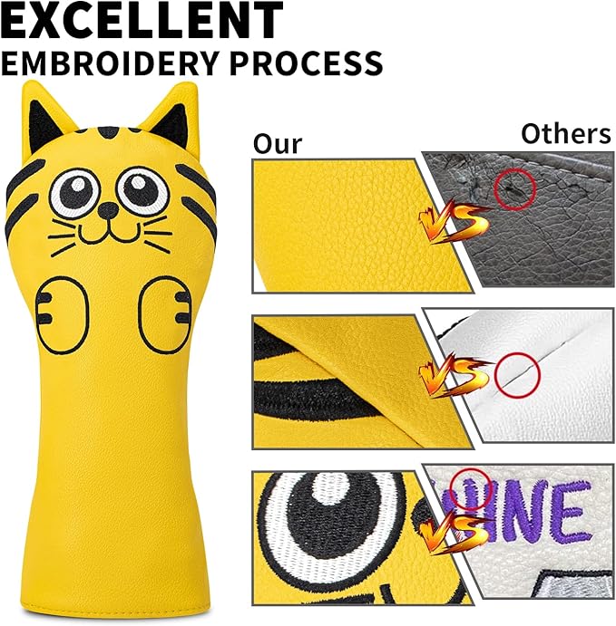 Golf Kitty Head Cover Golf Club White Leather Headcovers 1pc/4pcs Set Fits Driver Fairway Wood Hybrid Utility Putter Iron Wedge Headcover.