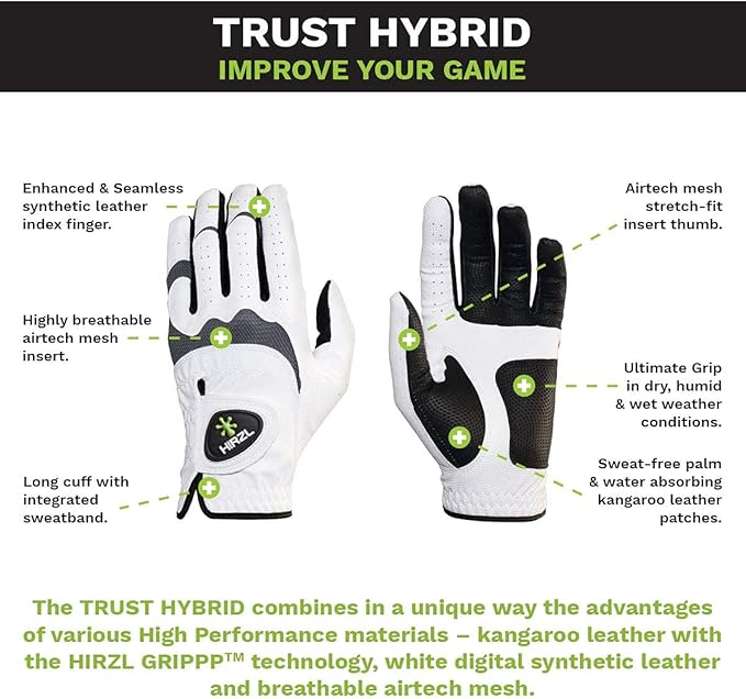 HIRZL Trust Hybrid – Men’s All Weather Golf Glove | Kangaroo Leather | Ultimate Grip and Ergonomic Fit, White/Black (Pack of 3)