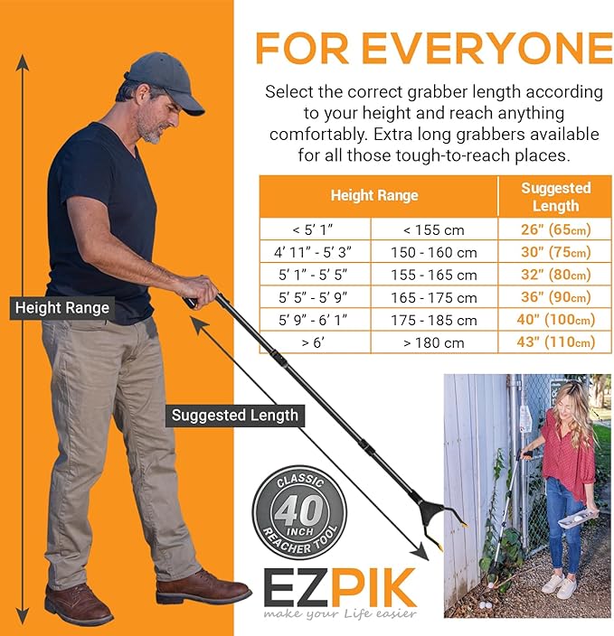 EZPIK Classic 40" Flexible Folding Grabber Tool for Elderly + Magnets, Reacher for Disabled & Seniors Heavy Duty Rotating Grippers for Reaching Underneath, Trash Grabbers & Pickers for Mobility
